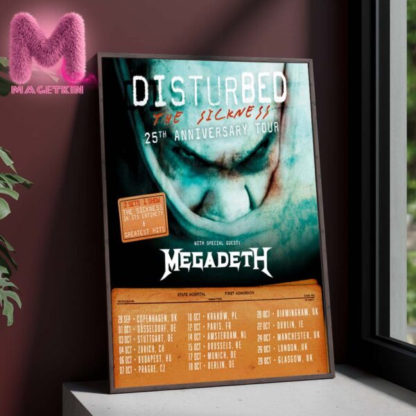 Distourbed The Sickness 25th Anniversary Tour With Special Guest Megadeth Poster Date And Location Home Decor Poster Canvas