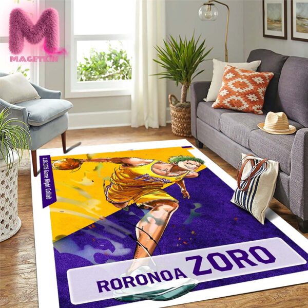 Los Angeles Lakers x One Piece Roronoa Zoro Character Poster For Game Night Collab Coming To LA In The Purple & Gold On February 28th 2025 Rug Home Decor