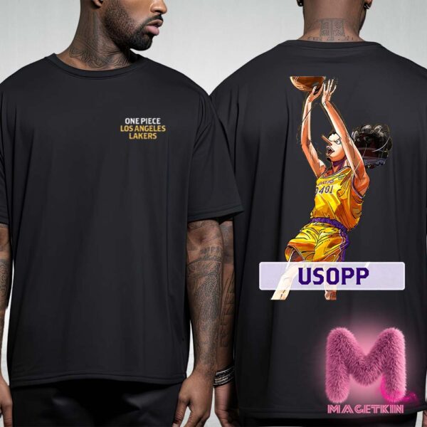 Los Angeles Lakers x One Piece Usopp Character Poster For Game Night Collab Coming To LA In The Purple & Gold On February 28th 2025 Two Sides Unisex T-Shirt